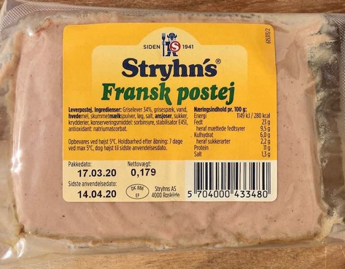 * * * * Stryhn’s Fransk postej: Stryhn’s franske leverpostej er finblendet til en meget cremet konsistens. Den er tilsat ansjoser, og har en mild og god krydring med lidt pebernoter i eftersmagen. En rigtig god klassisk leverpostej med cremet konsistens. Pris: 9,50 kroner per 100 gram (16,95 for 179 gram i Rema 1000).
Tilsætningsstoffer: Konserveringsmiddel (sorbinsyre), antioxidant (natriumascorbat), stabilisator (E451). Foto: Madensverden.dk.