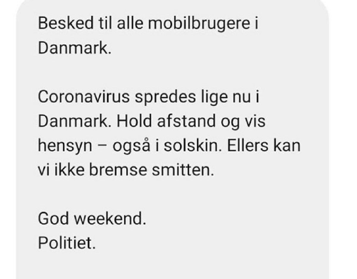 Det var denne SMS politiet lørdag udsendte til ni millioner danske mobilnumre. Screenshot.