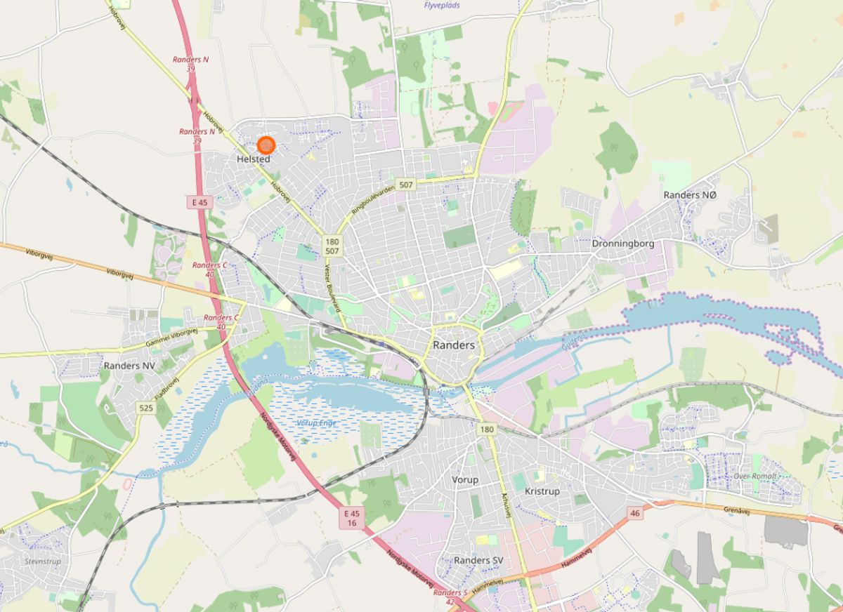 Stjernehuset ligger i Randers NV. (Foto: Openstreetmap.org)