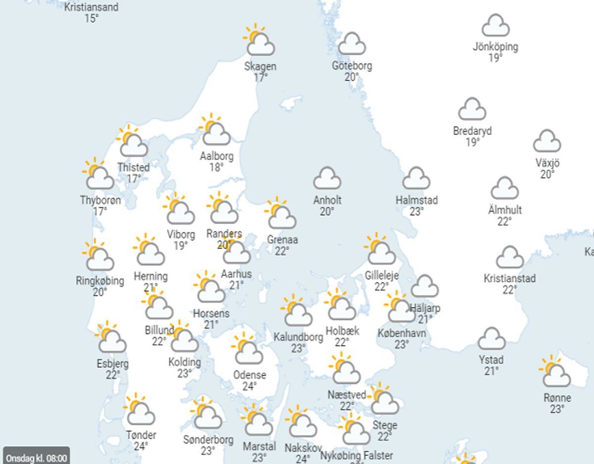 Temperaturerne klokken 08. Foto: DMI.