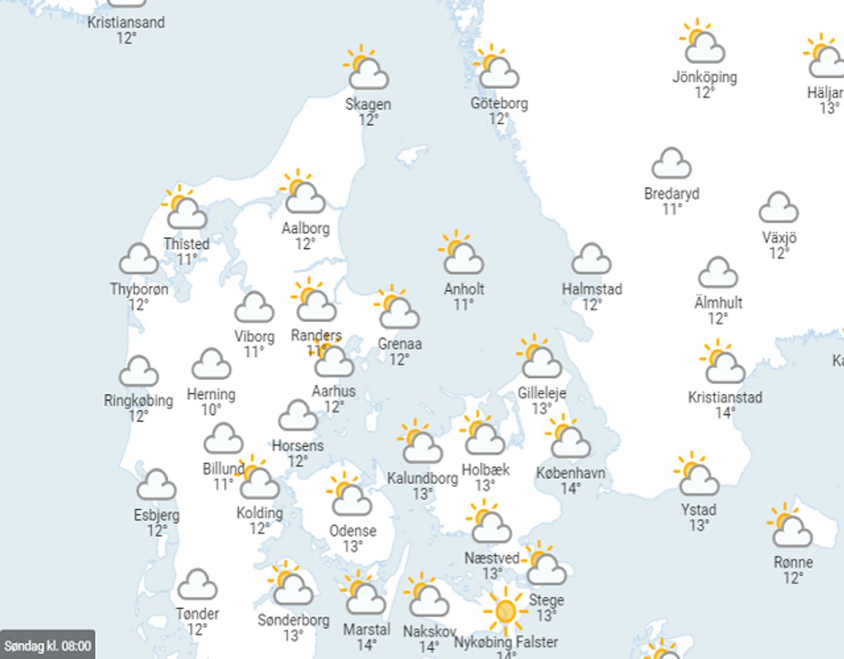 Temperaturerne søndag klokken 8. Foto: DMI.