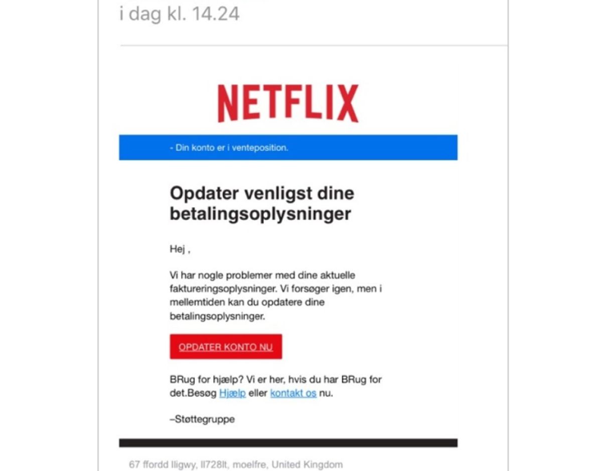 Netflix beder ikke om betalingsoplysninger på denne måde.