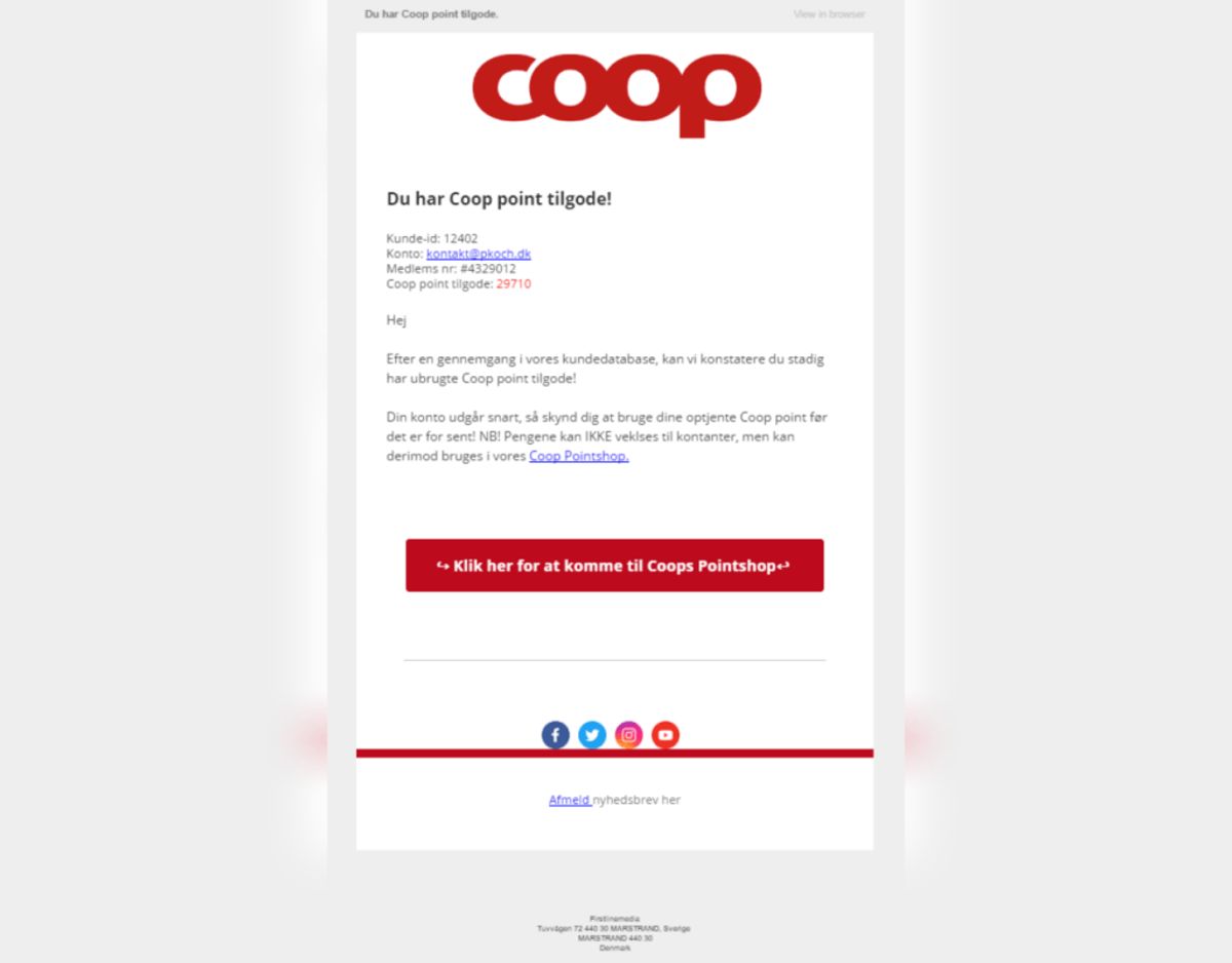 Sådan ser en anden besked ud. Hvis du vil undersøge, om den er falsk, anbefaler redaktionen, at du prøver at finde ud af, hvilket fysisk kontor, “Coop” arbejder fra. Foto: Privat.