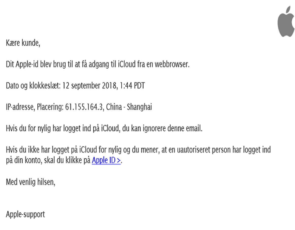 Sådan ser den falske mail ud – klik for guds skyld ikke på linket. Foto: Screenshot.