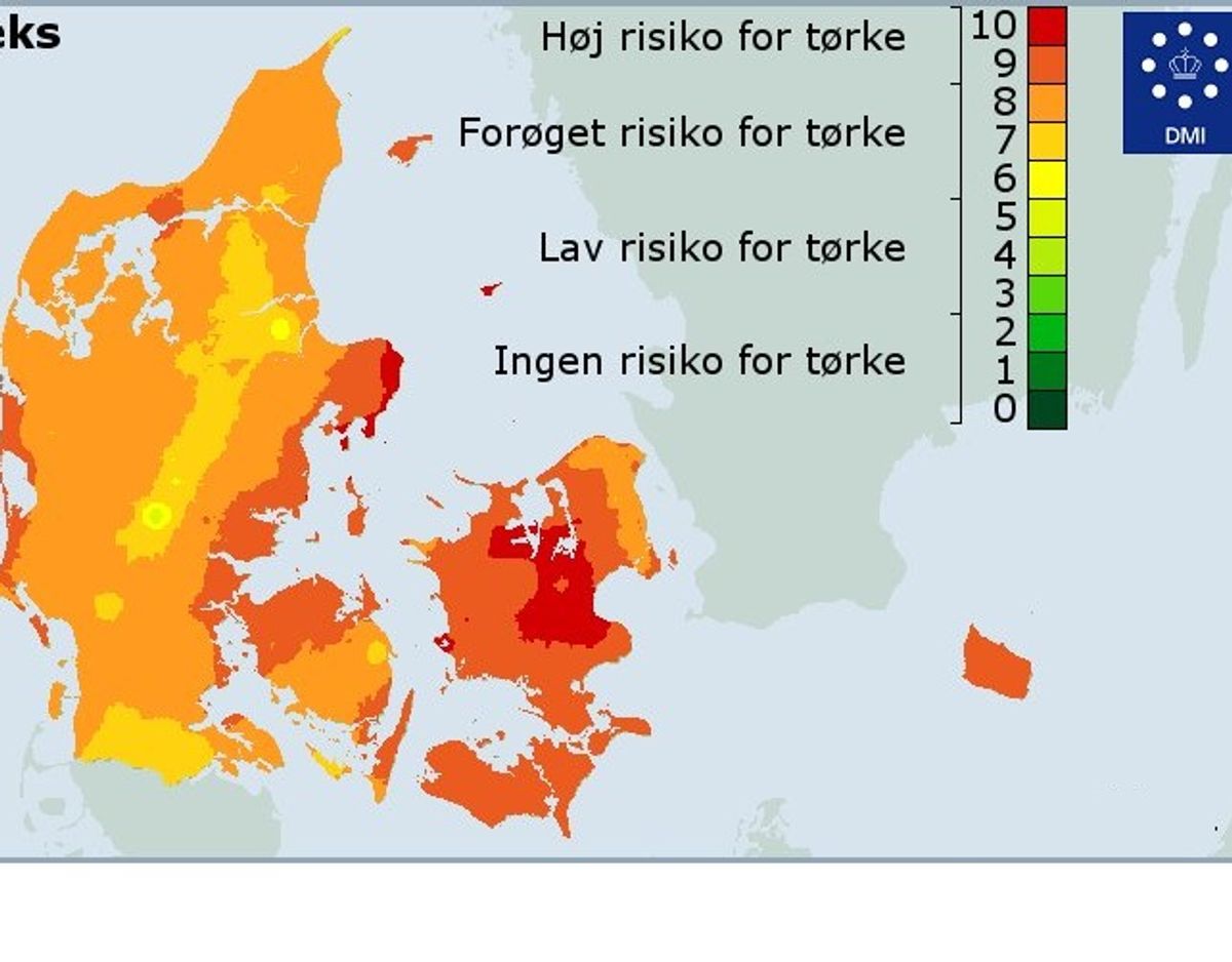Tørkeindekset er stadig i alarmberedskab, og det ser ikke ud til, at de kommende dage ændrer meget ved det. Se selv på næste billede. Foto: DMI
