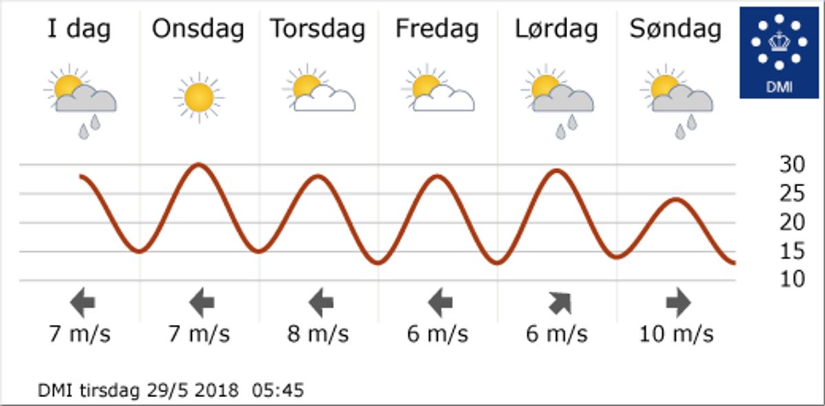 Femdøgnsudsigten fra DMI. KLIK og se det vilde nedbørsskema. Foto: DMI