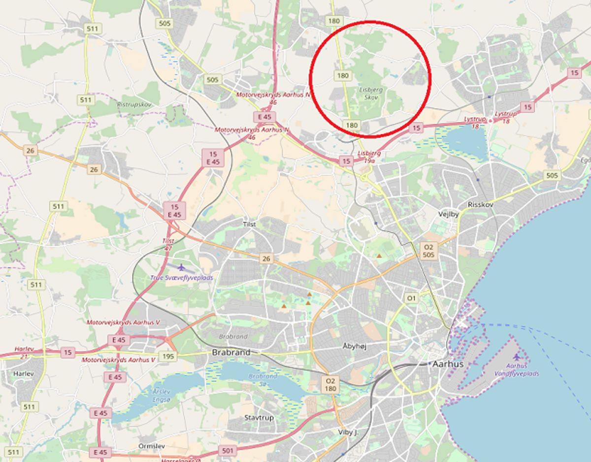 Hunden stak af ind i Lisbjerg Skov. Foto: OpenStreetMap – bidragsydere©