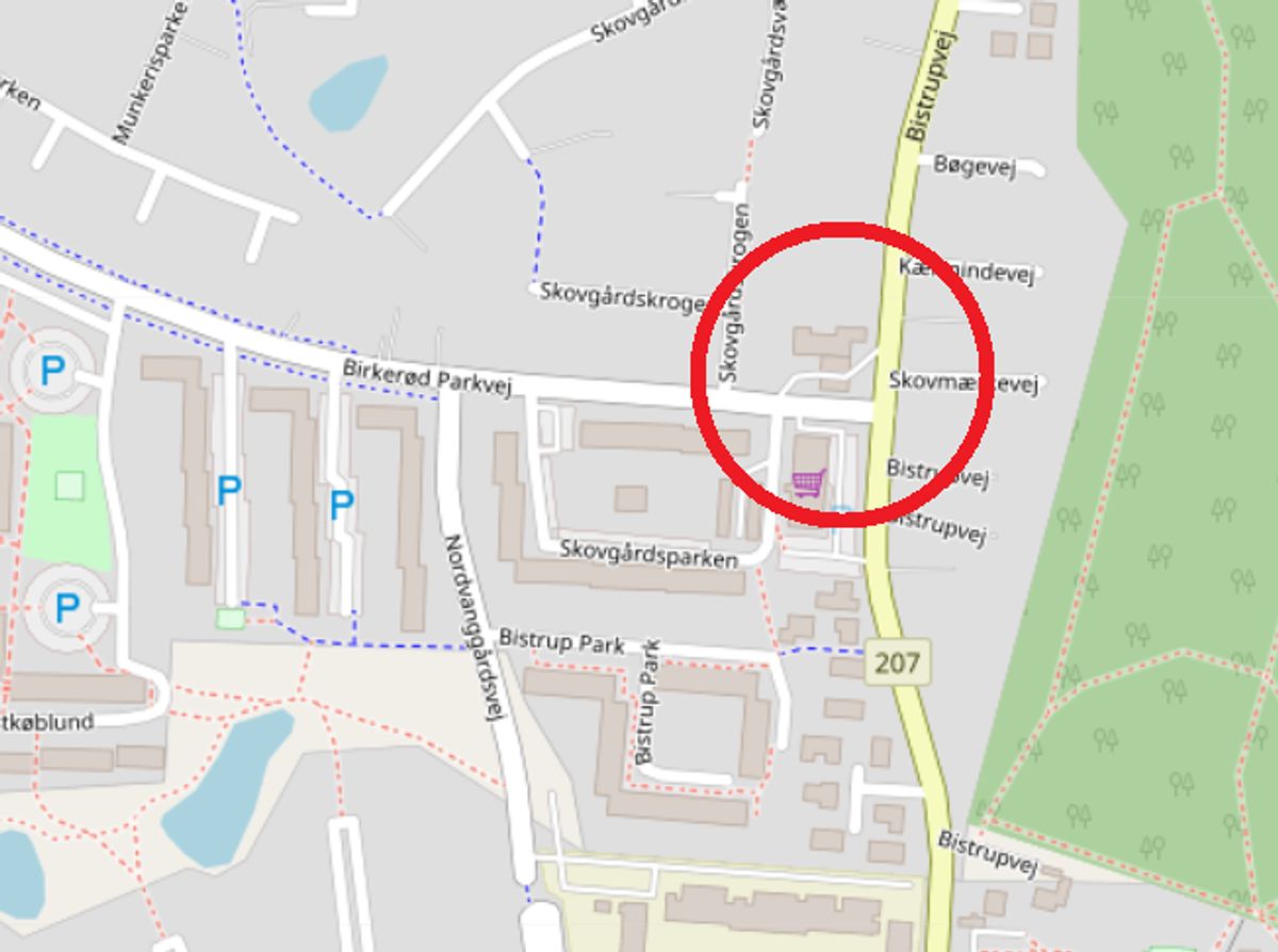 På Circle K-tanken på hjørnet af Bistrupvej og Birkerød Parkvej blev det unge par overfaldet af en mand med en økse. Nu efterlyser politiet manden – se billeder af ham her i galleriet. Foto: Openstreetmaps-bidragsydere (C)