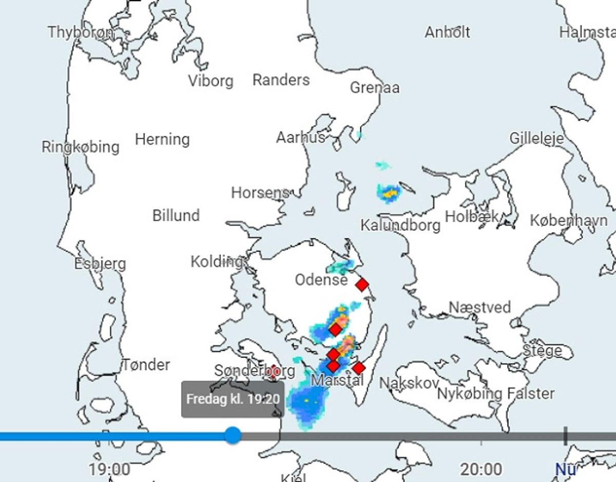 Her ses uvejret tydeligt over Svendborg-området. Foto: DMI