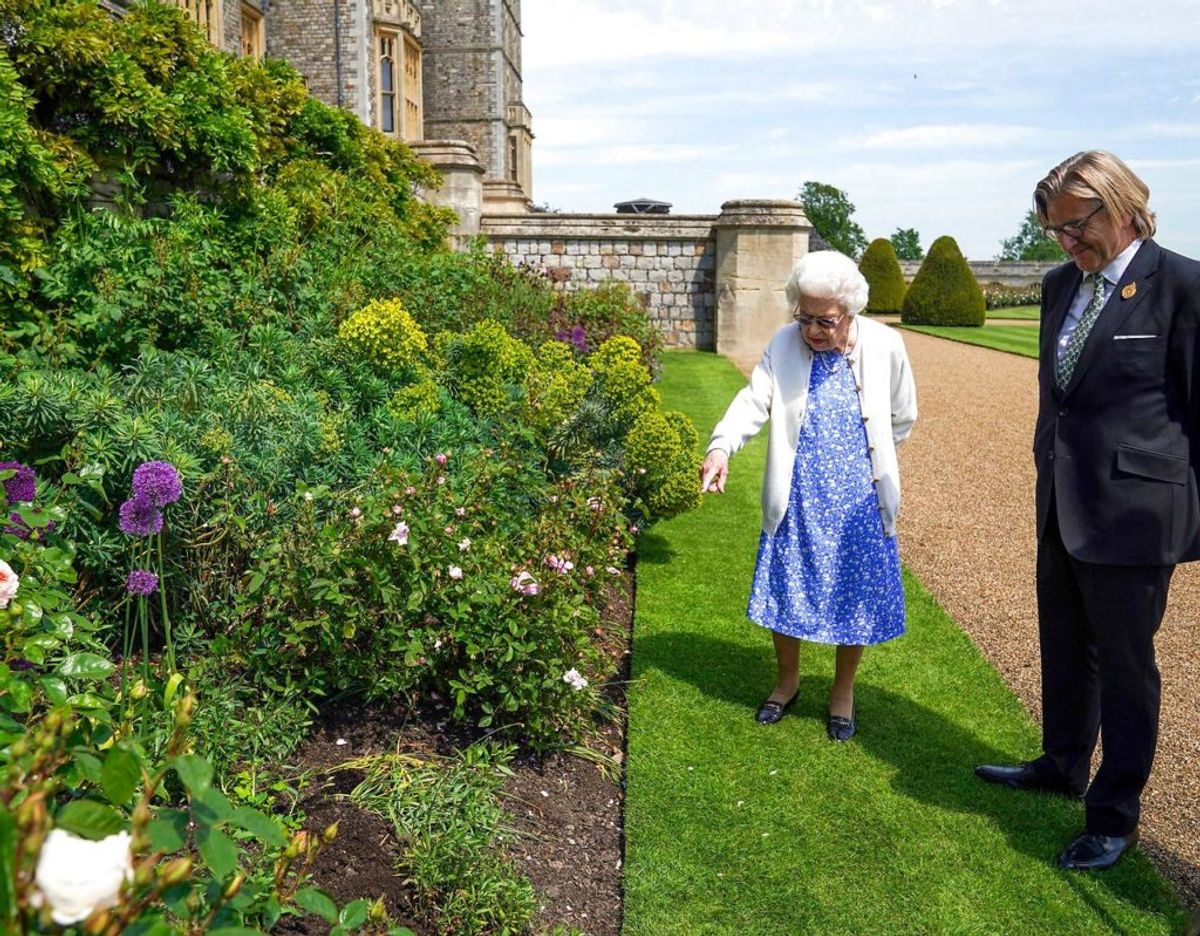 Dronningen udpeger, hvor i ‘East Terrace Garden’ hun ønsker erindringsrosen plantet. Foto: Scanpix/Steve Parsons / POOL / AFP