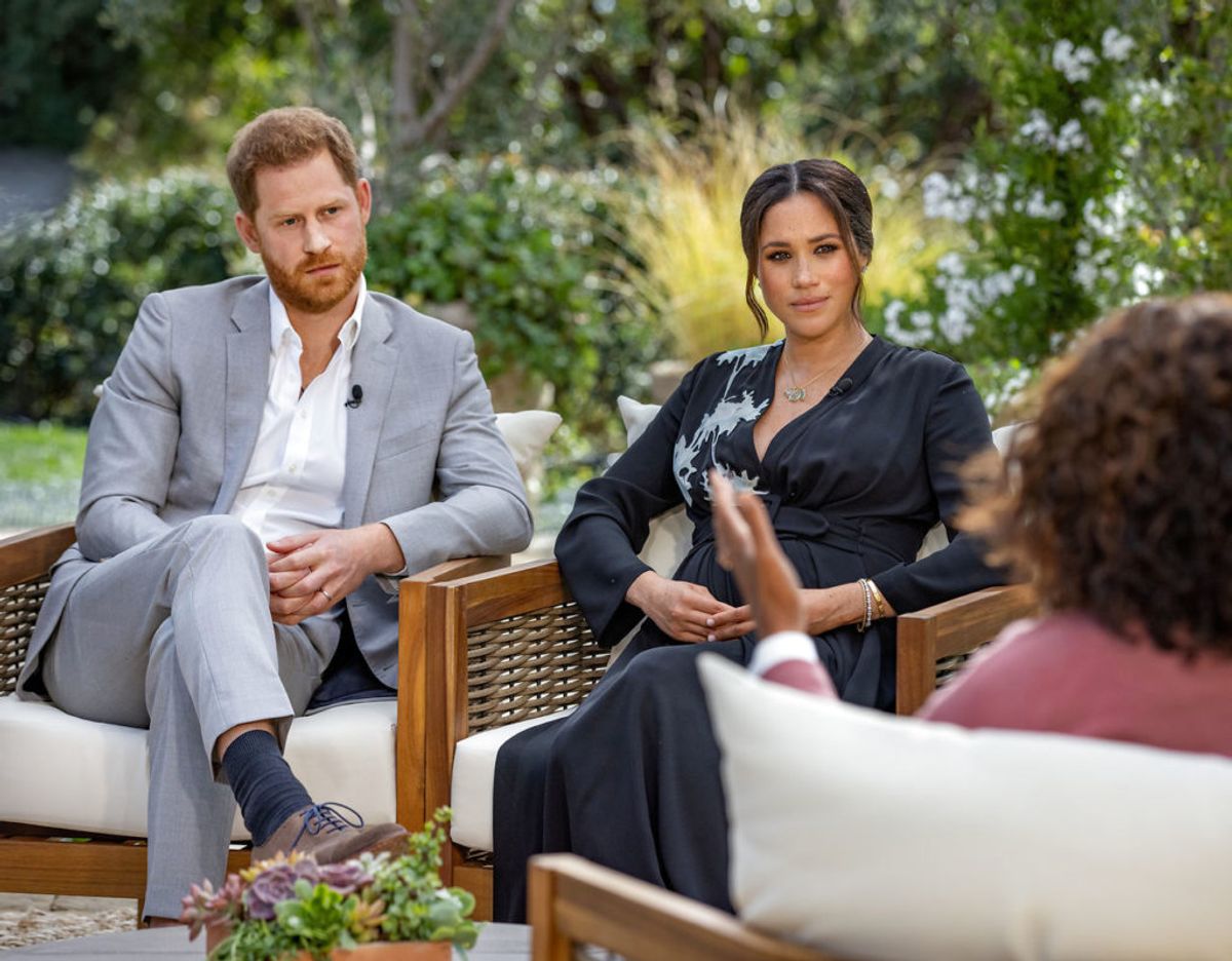 Harry og Meghan ses her under deres famøse interview med Oprah Winfrey. Foto: Scanpix/Harpo Productions/Joe Pugliese/Handout via REUTERS/File Photo