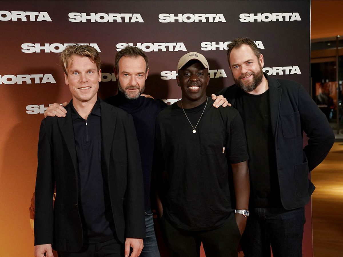 Thue Ersted Rasmussen, Anders Brink Madsen, Melvin Kakooza og Esben Dalgaard. Gallapremiere på filmen Shorta i Imperial Bio i København, tirsdag den 6. oktober 2020. Tue Ersted, Anders Brinch, Melvin Kakooza, Esben Dalgaard Andersen. (Foto: Keld Navntoft/Scanpix 2020)
