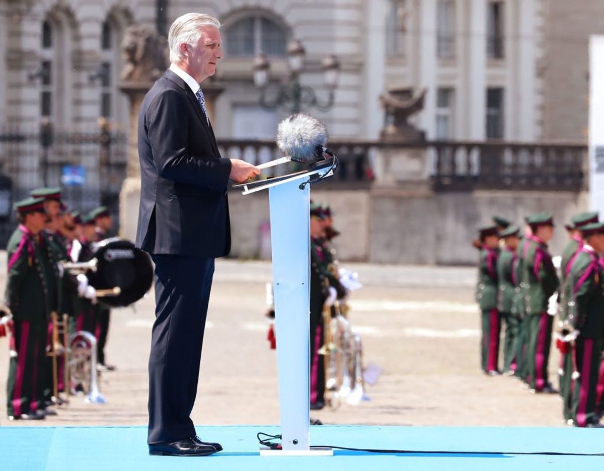 Kongen holder en tale for at hylde det belgiske frontpersonale i kampen mod corona-pandemien. Foto: Scanpix/BENOIT DOPPAGNE / BELGA / AFP) / Belgium OUT