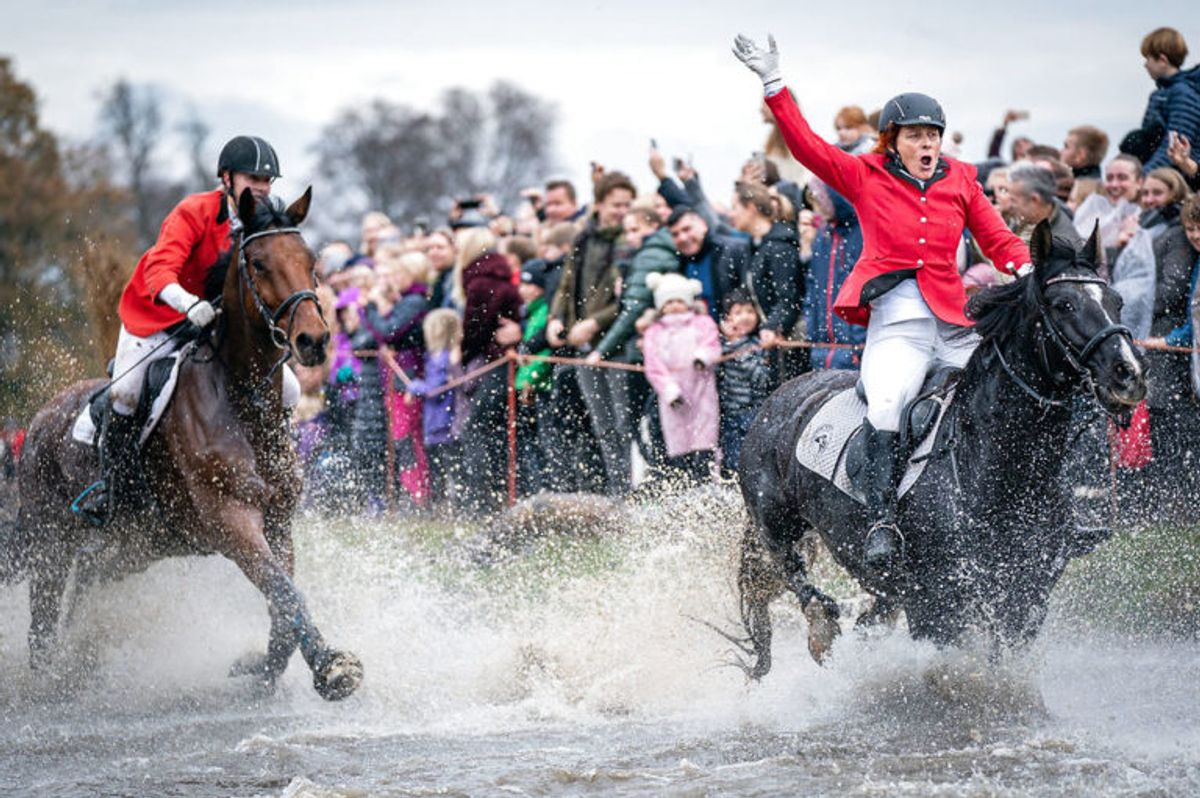 Udspringet ved Magasindammen i Hubertusjagten 2019 i Dyrehaven ved Klampenborg, søndag den 3. november 2019. Hubertusjagten er en symbolsk videreførelse af de gamle parforce-jagter, som Dyrehaven oprindeligt er anlagt til. Her lod man hunde støve ræven op, og feltet fulgte hunde og ræv. I dag er der ingen jagthunde, og ræven er erstattet af to “forlorne” ræve i form af to erfarne ryttere, som rider forrest med rævehaler på deres røde ridejakker. Jagten er ca. 11 km lang og tager 1½ time.. (Foto: Niels Christian Vilmann/Ritzau Scanpix)