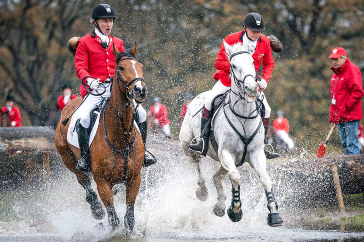 “Rævene” ankommer først til Magasindammen under Hubertusjagten 2019 i Dyrehaven ved Klampenborg, søndag den 3. november 2019. Hubertusjagten er en symbolsk videreførelse af de gamle parforce-jagter, som Dyrehaven oprindeligt er anlagt til. Her lod man hunde støve ræven op, og feltet fulgte hunde og ræv. I dag er der ingen jagthunde, og ræven er erstattet af to “forlorne” ræve i form af to erfarne ryttere, som rider forrest med rævehaler på deres røde ridejakker. Jagten er ca. 11 km lang og tager 1½ time.. (Foto: Niels Christian Vilmann/Ritzau Scanpix)