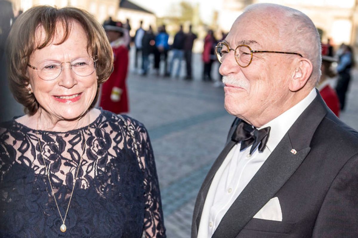 Alice Vestergaard Ellemann-Jensen og Uffe Ellemann-Jensen ankommer til middag i anledning af prinsesse Benediktes 75-års fødselsdag på Amalienborg i København, mandag den 29. april 2019.. (Foto: Mads Claus Rasmussen/Ritzau Scanpix)