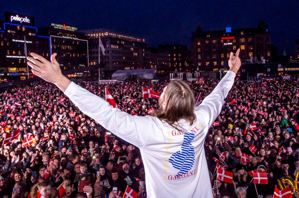 Mikkel Hansen og holdkammeraterne modtog folket på Rådhuspladsen den 28. januar 2019. (Foto: Søren Bidstrup/Scanpix 2019)