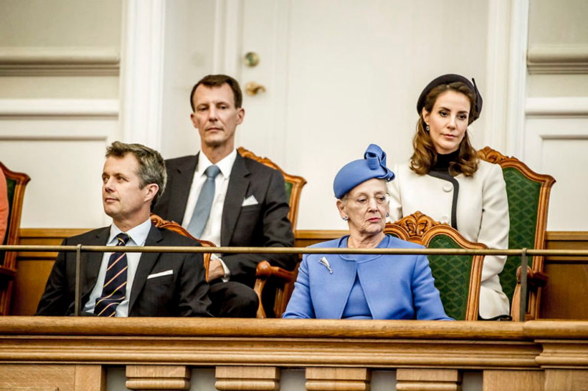 Prins Joachim, Kronprins Frederik, Prinsesse Mary og dronning Margrethe under Folketingets åbning, tirsdag den 2. oktober 2018. Folketingets åbning skal ifølge Grundloven finde sted første tirsdag i oktober. Åbningen markerer samtidig begyndelsen på et nyt folketingsår. Inden Folketinget åbner er der gudstjeneste i Christiansborg Slotskirke.
