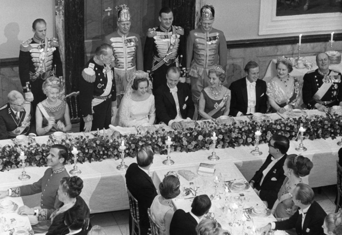 Fra festmiddagen ved prinsesse Benediktes bryllup med Prins Richard, 3. februar 1968. Foto: Scanpix.