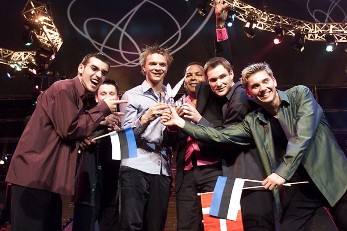 2001: Danmark var tæt på, at hive sejren hjem igen med Rollo & Kings “Never ever let you go”. Men det blev for første gang Estland, der vandt Eurovision Song Contest i Parken i København. Tanel Padar, Dave Benton & 2XL vandt med sangen “Everybody”. Foto: LARS MØLLER/Scanpix (Arkivfoto)