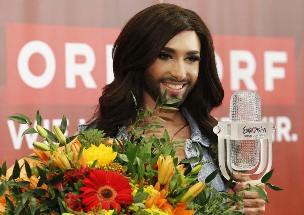 2014: Østrigs Conchita Wurst vandt på Refshaleøen i København med sangen “Rise Like a Phoenix”. Foto: Leonhard Foeger/Scanpix (Arkivfoto)
