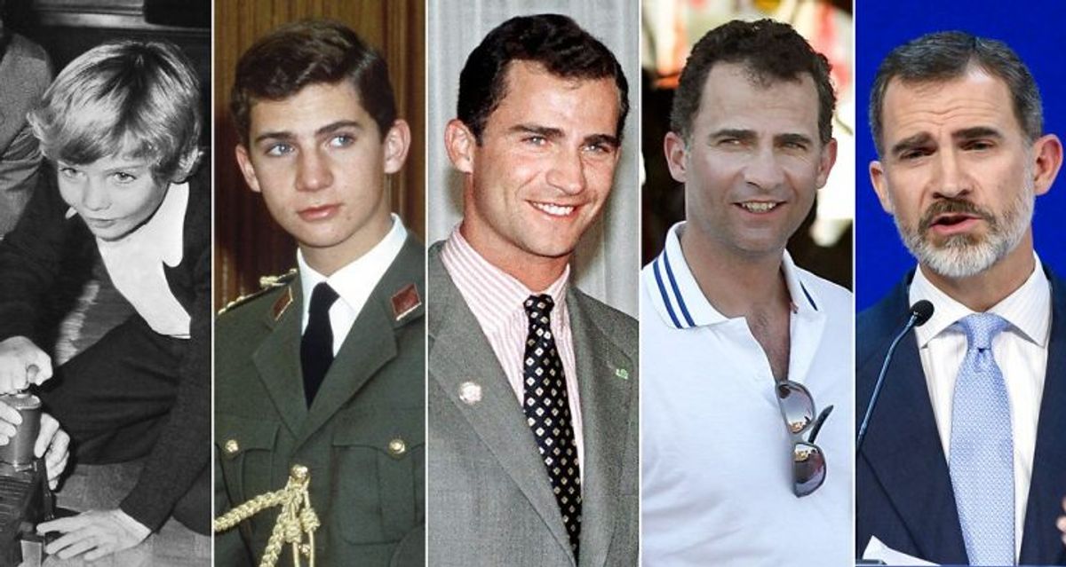 Kong Felipes udvikling gennem årene. Her er billeder fra 1976, 1986, 1997, 2008 og 2018. Foto: Scanpix (Arkivfoto)
