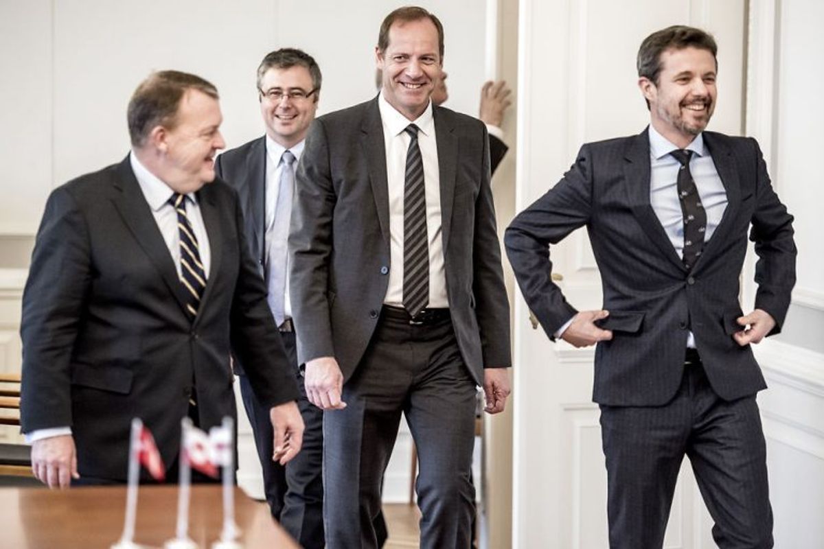 Der var frokostmøde på statsministerens kontor i anledning af, at Tour De Frances løbsdirektør Christian Prudhomme er i København. Fra venstre ses statsminister Lars Løkke Rasmussen, Cyrille Tricart, leder af den afdeling i ASO, Tour de Frances løbsdirektør Christian Prudhomme og kronprins Frederik. Foto: Mads Claus Rasmussen/Scanpix