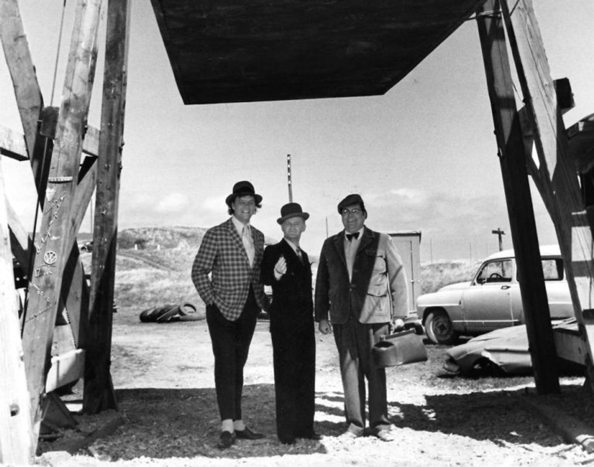 Olsen-banden i Jylland fra 1971. Dette er nr. 3 i rækken af de 14 Olsen-banden-film. Her Egon Olsen spillet af Ove Sprogøe med sine kumpaner Benny spillet af Morten Grunwald og Kjeld spillet af Poul Bundgaard. Foto: Børge Walther/Scanpix (Arkivfoto)