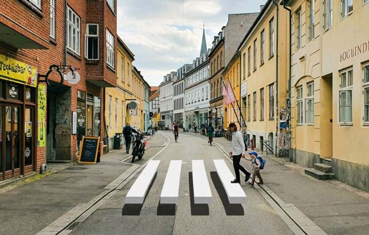 Sådan kommer det til at se ud i Mejlgade, når forsøget med 3D-fodgængerfelter søsættes.