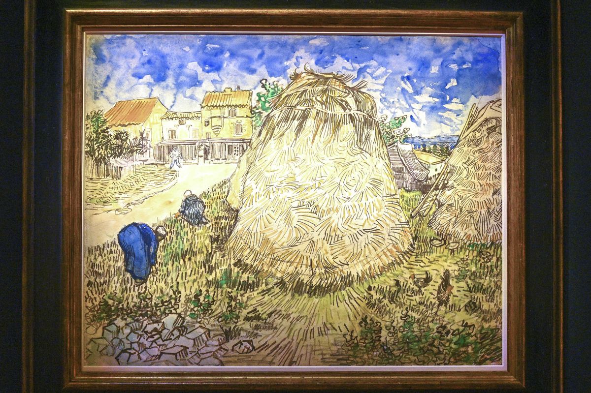 Denne akvarel kaldet "Meules de blé" af Vincent van Gogh er blevet solgt på en auktion i New York for et beløb, der svarer til omkring 232 millioner danske kroner.