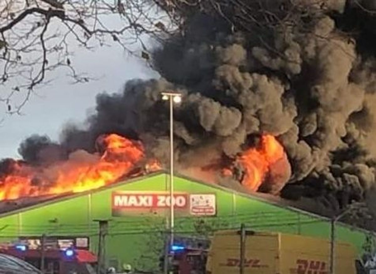 En voldsom brand raser i Maxi Zoo i Valby.