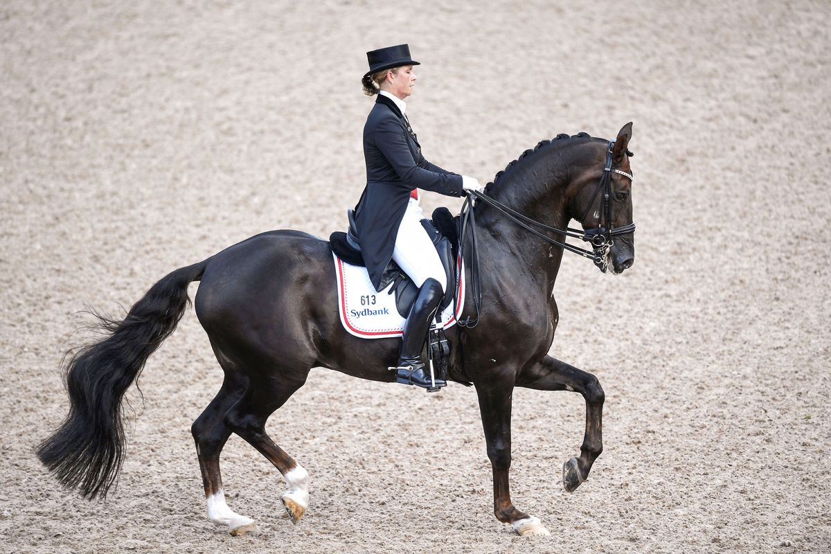 Anna Kasprzak ses her på sin hest Donnperignon ved Europamesterskaberne i Göteborg i 2017.