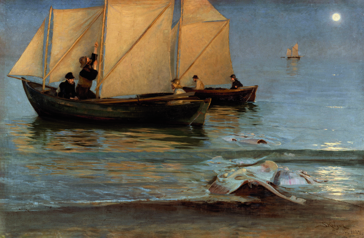 Krøyer maleriet 'Skagboere går ud på nattefiskeri Sildig Sommeraften'.