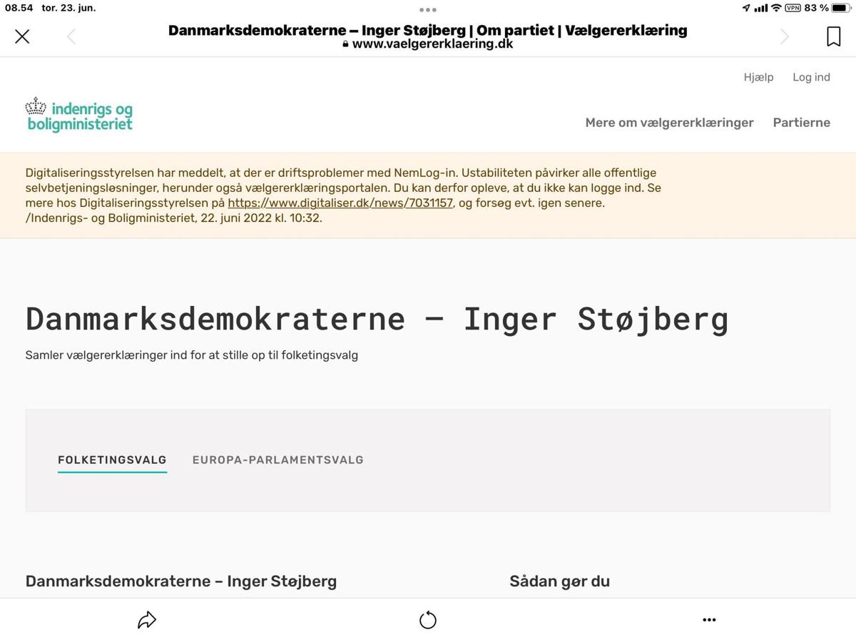 Sådan ser beskeden torsdag formiddag ud fra Indenrigs- og Boligministeriet for nogle af dem, der forsøger at afgive en vælgererklæring til støtte for 'Danmarksdemokraterne'.