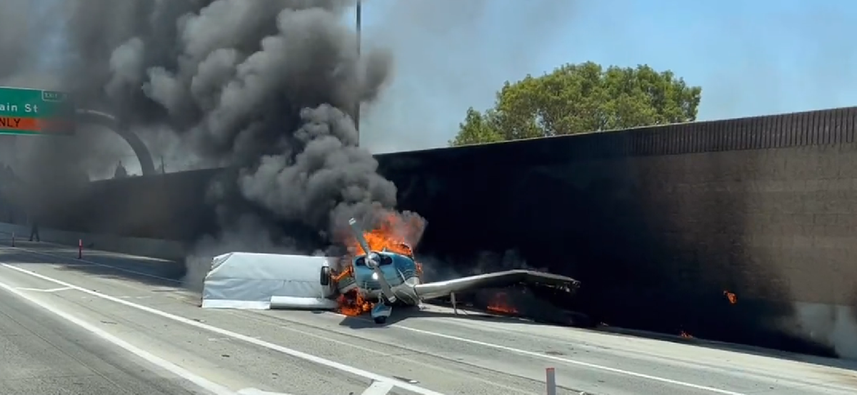 Ingen kom noget til, da et fly styrtede ned på motorvejen i Californien.