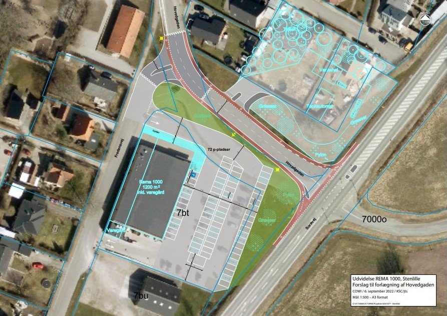 Sådan ser situationsplanen ud for flere parkeringspladser ved en større Rema 1000 og tankstation ved Hovedgaden i Stenlille. Illustration: SK 79, Sorø Kommune