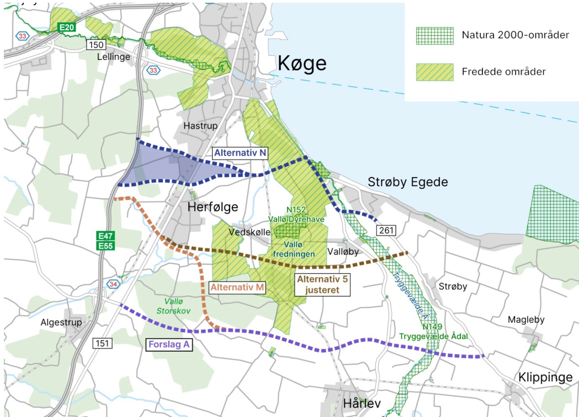 Køge Grundejerforening har flere gange i debatten om en mulig placering af den kommende statsvej meldt sig på bane med klare holdninger, og det gør man nu igen. Forud for at det inden for de nærmeste uger og måneder ventes besluttet, hvor vejen skal gå. Illustration: Vejdirektoratet