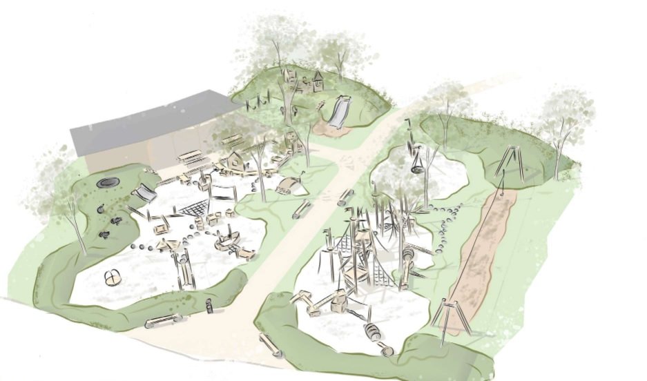 Sådan skal legepladsen placeres i terrænnet. Den skitserede toiletbygning/overdækning bagerst er ikke en del af projektet, og kræver en ekstrabevilling.  Illustration: Dall & Lindhardtsen/Elverdal