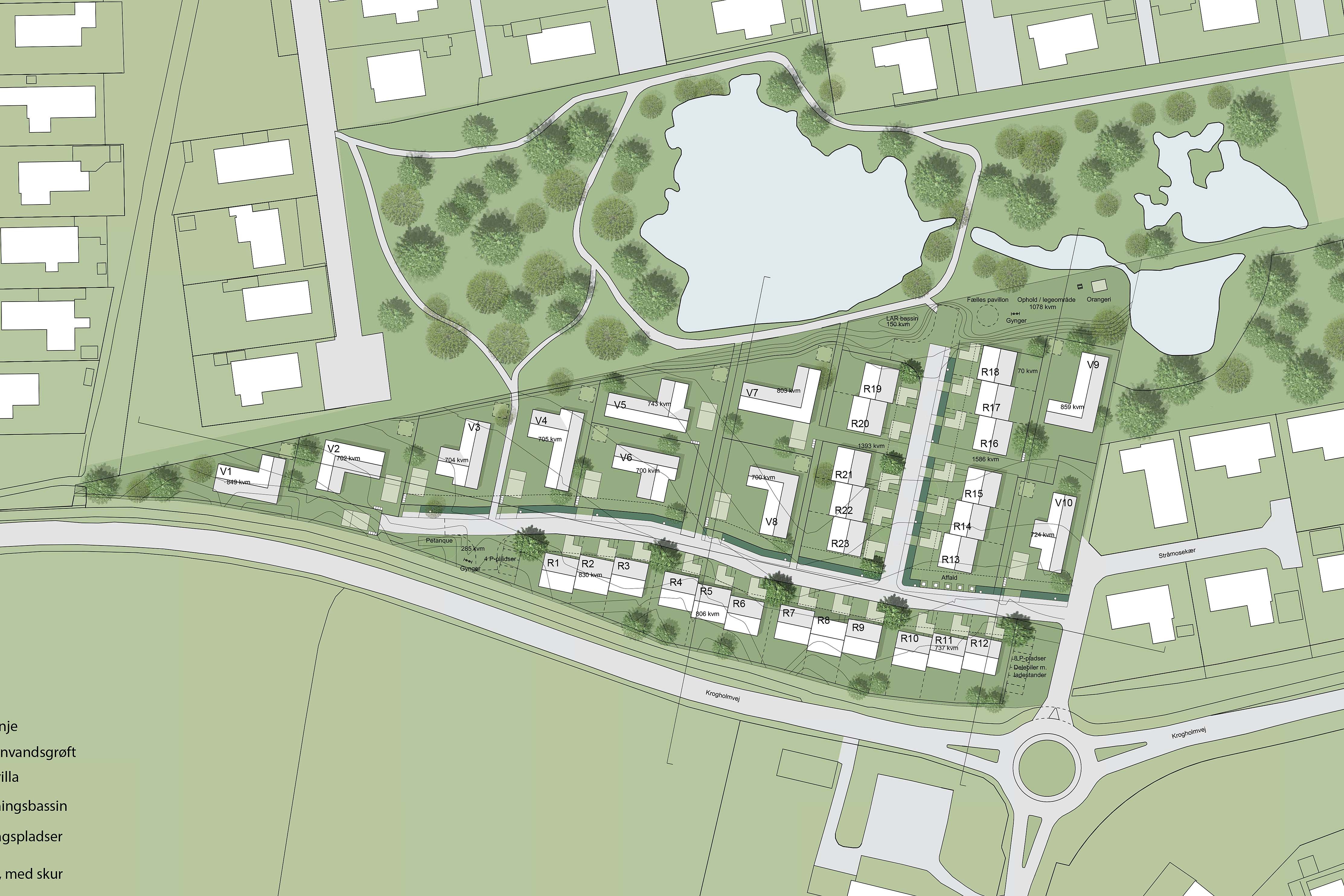 23 rækkehuse og 10 parcelhuse er på tegnebrættet på Krogholmvej i Stenløse. Det fremgår af et skitseforslag. Skitse: Egedal Kommune