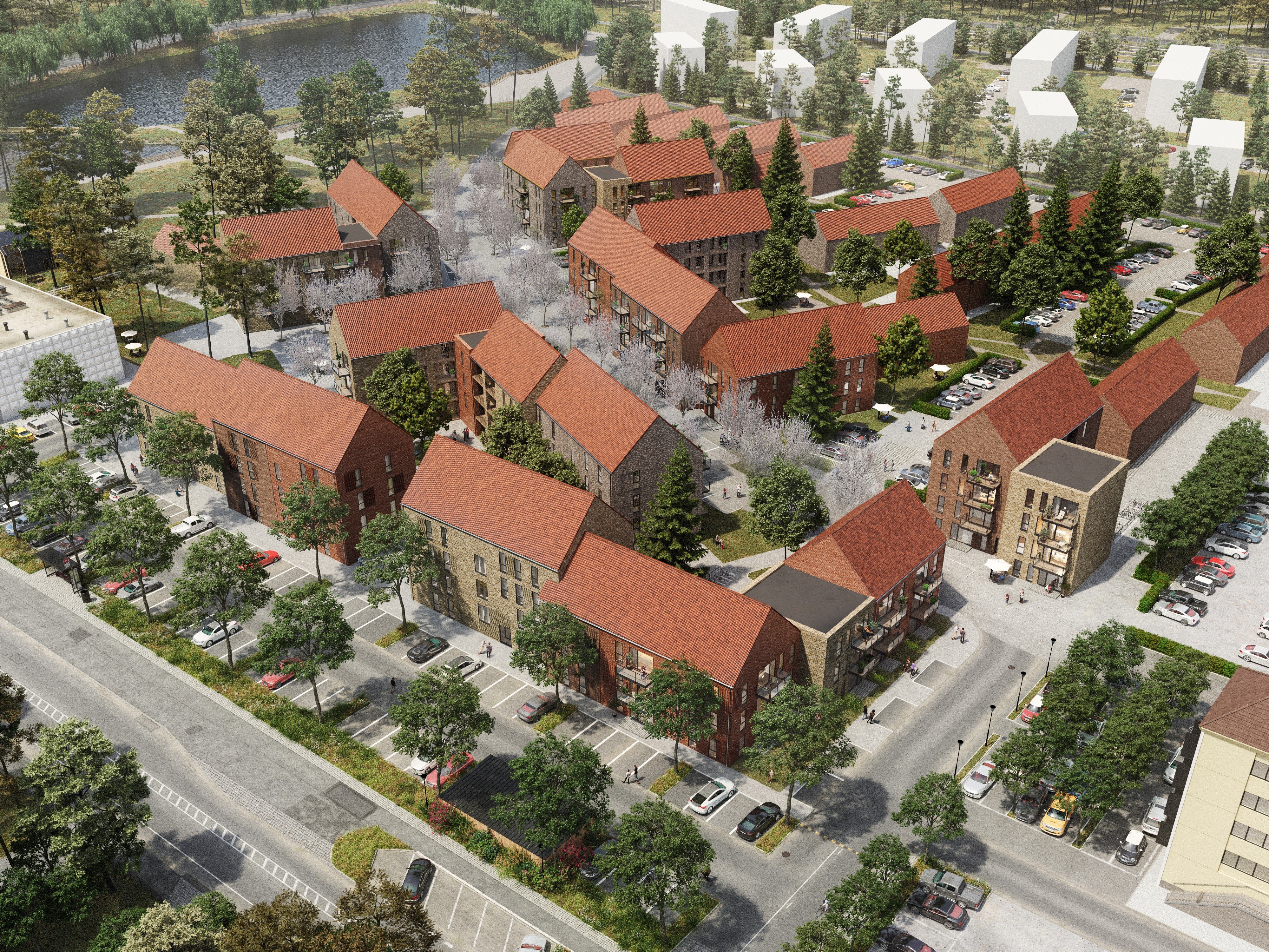 På de 46.000 kvadratmeter mellem Taastrupgaard og Taastrup Station vil der frem mod 2027 skyde et kvarter med 275 boliger op. Illustration: Svane Gruppen