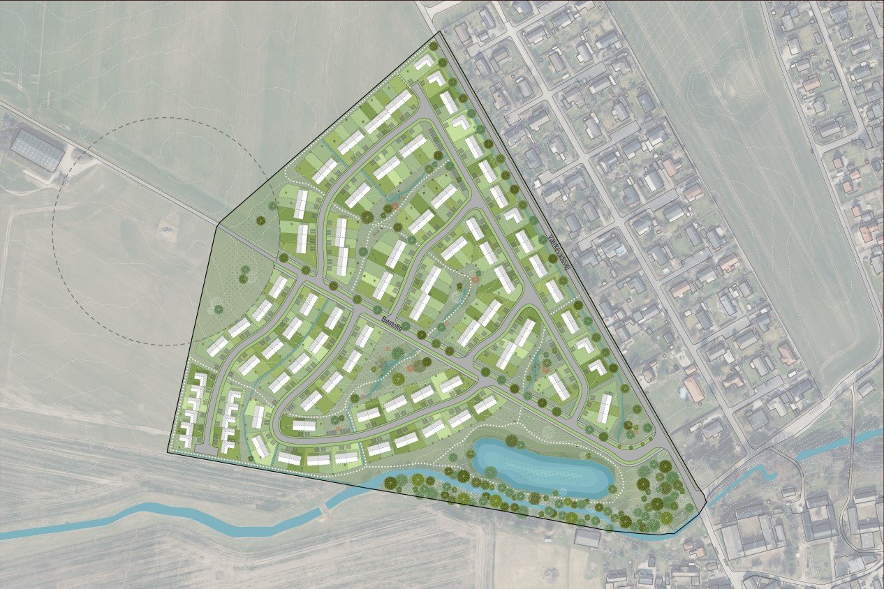 Boliger i forskellig størrelse, regnvandssikring, og småstier rundt om er en del af det samlede forslag til det nye boligområde Bøstofte i Kværkeby. Ill.: Ringsted Kommune