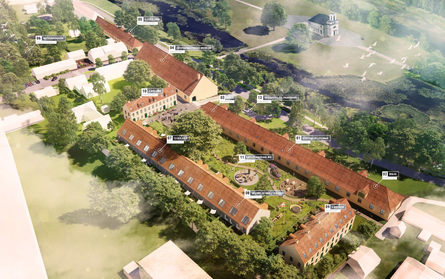 Sådan kan området i og omkring de gamle, historiske bygninger og det tidligere Jagt- og Skovbrugsmuseum komme til at se ud, hvis projektet får grønt lys. Visualisering: GPP Arkitekter. Visualisering: GPP Arkitekter
