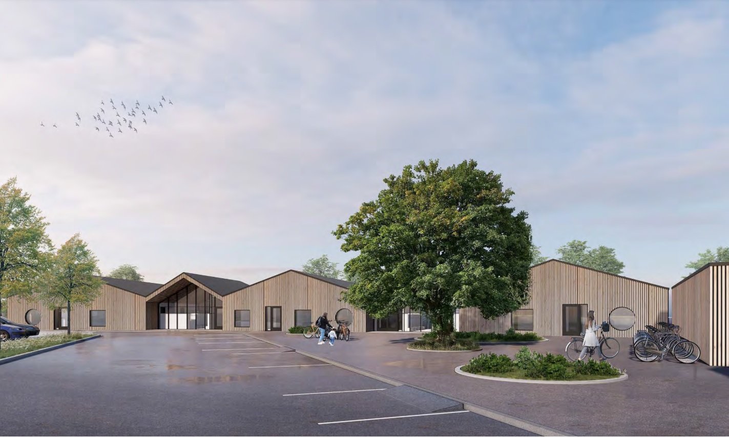 En visualisering fra projektforslaget af det nye børnehus. Arbejdet med forpladsen, her set fra Ravnsnæsvej, er midlertidigt stoppet.