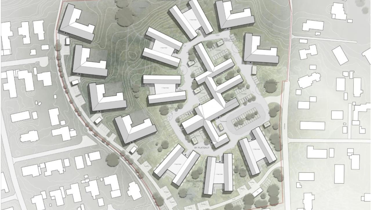 En del af det eksisterende Plejecenter Sjælsø skal rives ned for at give plads til den ny bebyggelse, der kommer til at rumme cirka 200 boliger. Tegning: Byens Ejendomme