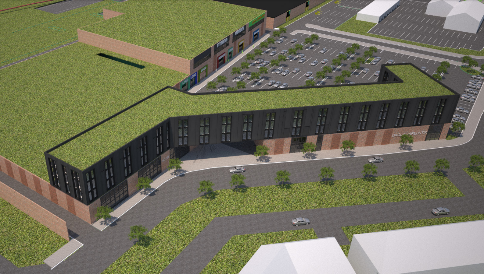 Visualiseringen af Ringsted Retails mulige etape 2 viser blandt andet navnene på flere mulige forretninger. Ill.: SAMUEL Architects/K3 Ejendomme