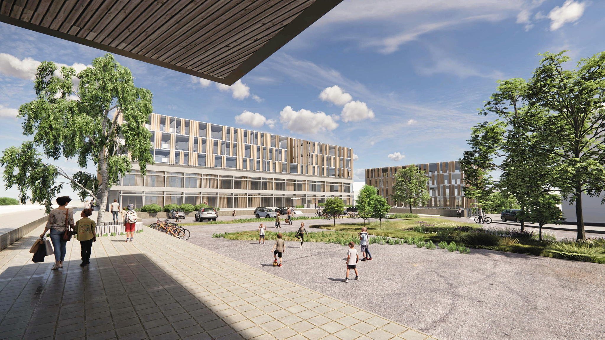 Her ses illustrationen fra skitseoplægget til Gefion Groups planer ved Hillerød Station, der er blevet sendt til Hillerød Kommune. Her ses byggeriet fra Hillerød Station ud mod Sdr. Jernbanevej. Illustration: Mikkelsen Arkitekter