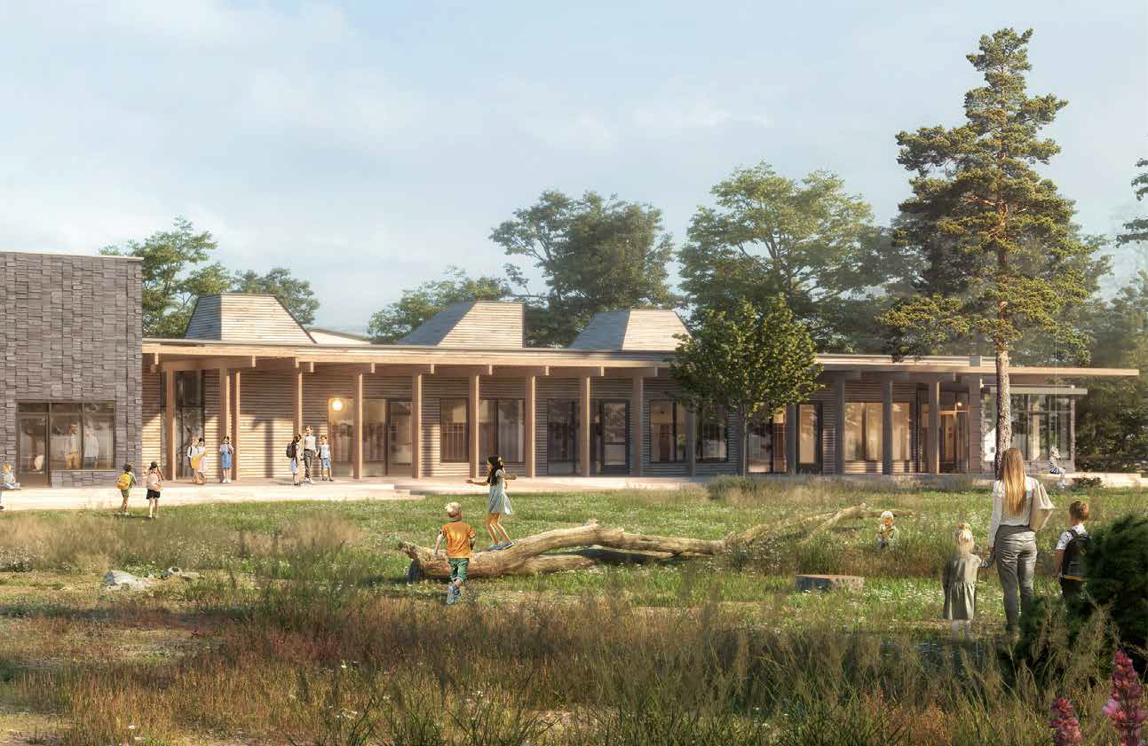 Det er med inspiration fra Børnehuset Hyllebjerget i Lejre Kommune, at Ringsted Kommune lægger op til at lave et nyt børnehus i Benløse som modulbyggeri. Sådan kan det se ud udefra. Illustration: Lejre Kommune