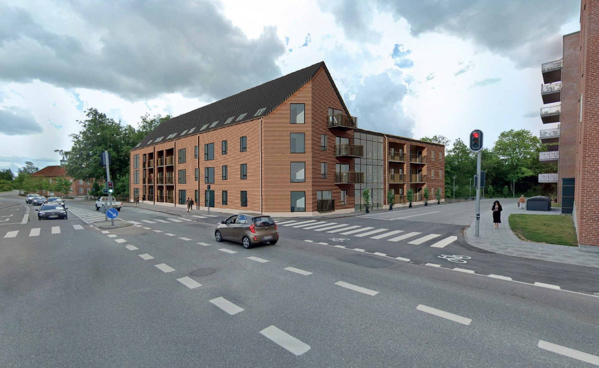 Fritidsordningen Klub Mix er forladt, og nu vil en boligudvikler bygge en boligkarre på grunden på A. C. Hansens Vej - overfor Attendos plejehjem (th) på modsatte side af Lærkevej. Illustration: G. V. L. Entreprise