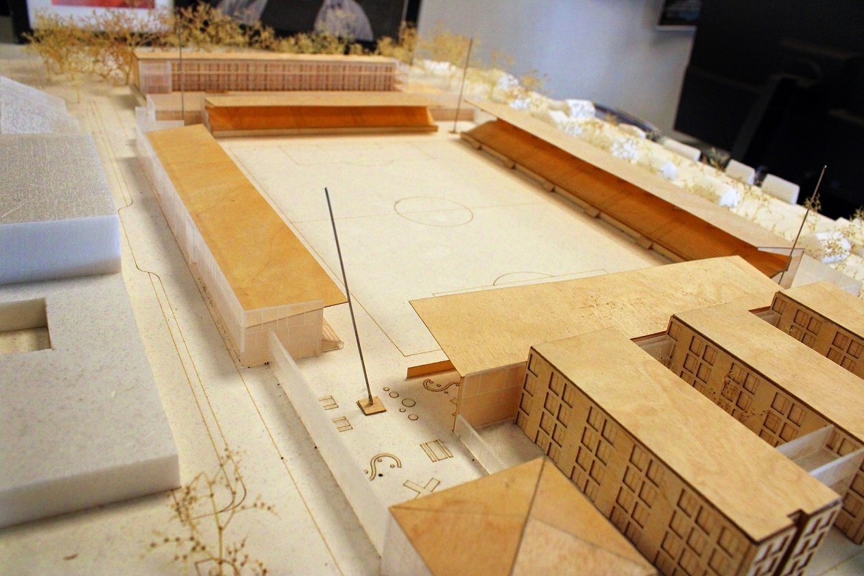 Model af det nye stadion med studieboliger nederst til højre. Foto: Lars Schmidt