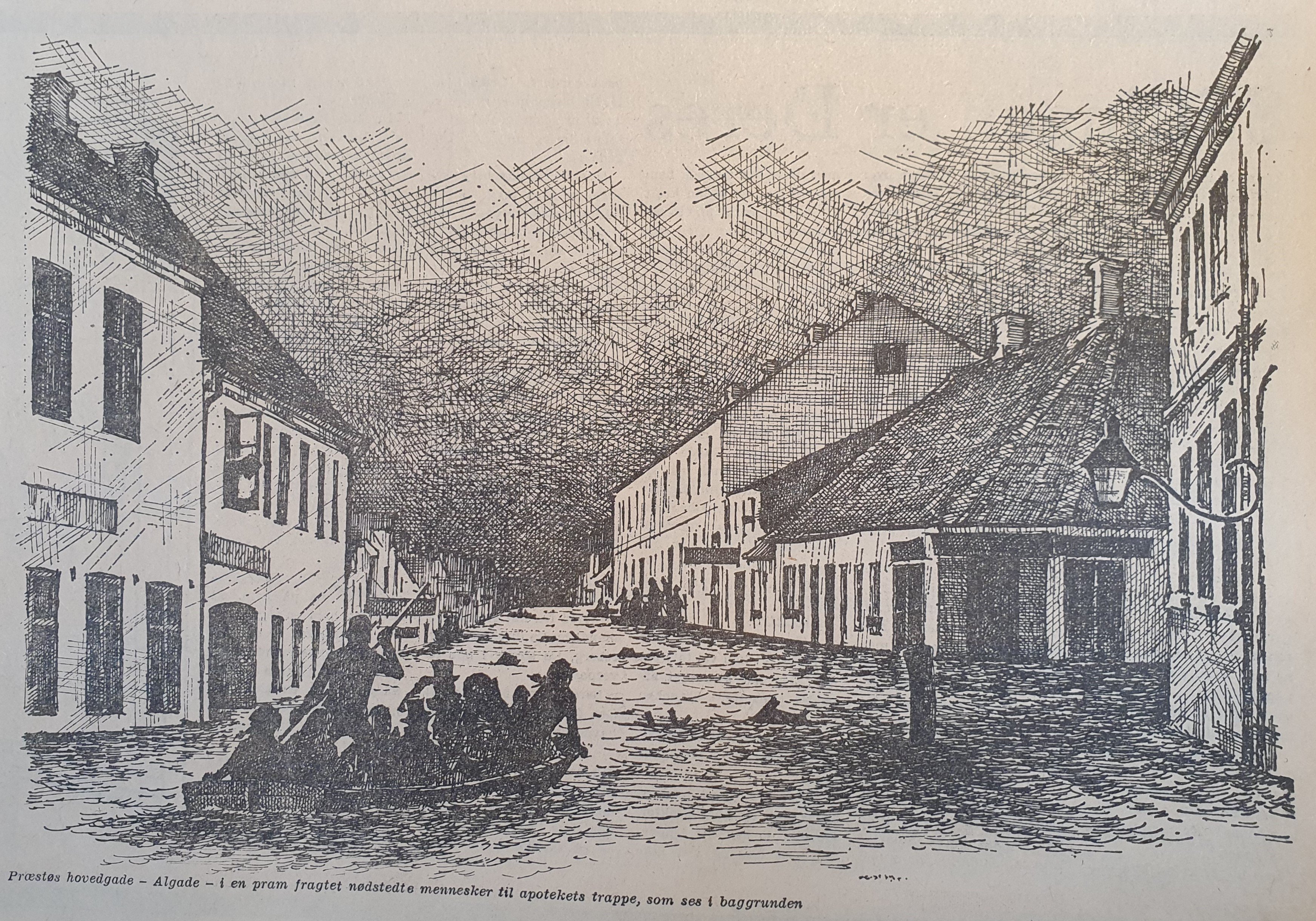 Da man i Vordingborg Dagblad i forbindelse med 100-året for stormfloden kunne læse om katastrofen, blev denne tegning bragt. Dengang i 1872 blev apotekets trappe brugt som landgangsbro.